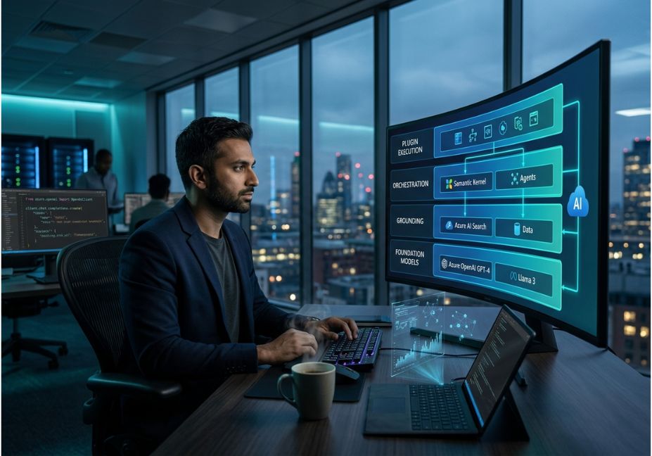 Engineer building Microsoft Copilot Stack AI architecture on ultrawide monitor