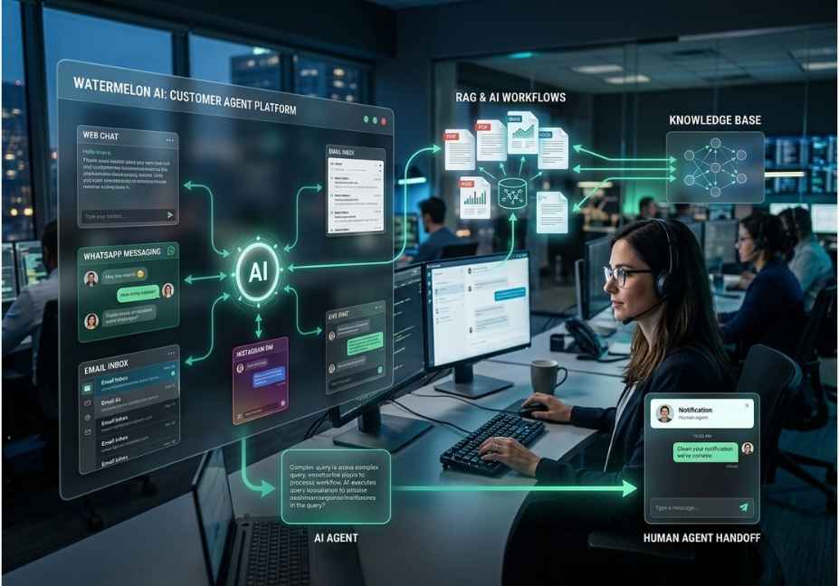 Watermelon AI customer support agent platform with RAG workflow and human handoff.