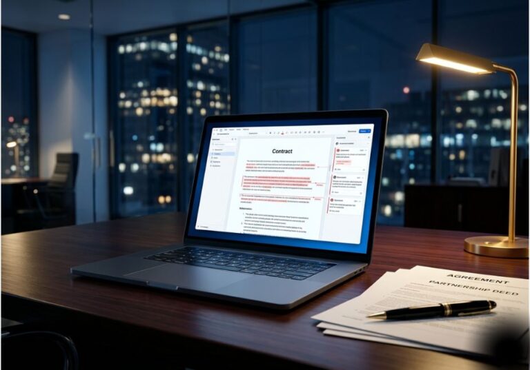 Laptop showing AI contract review software on an office desk at night.
