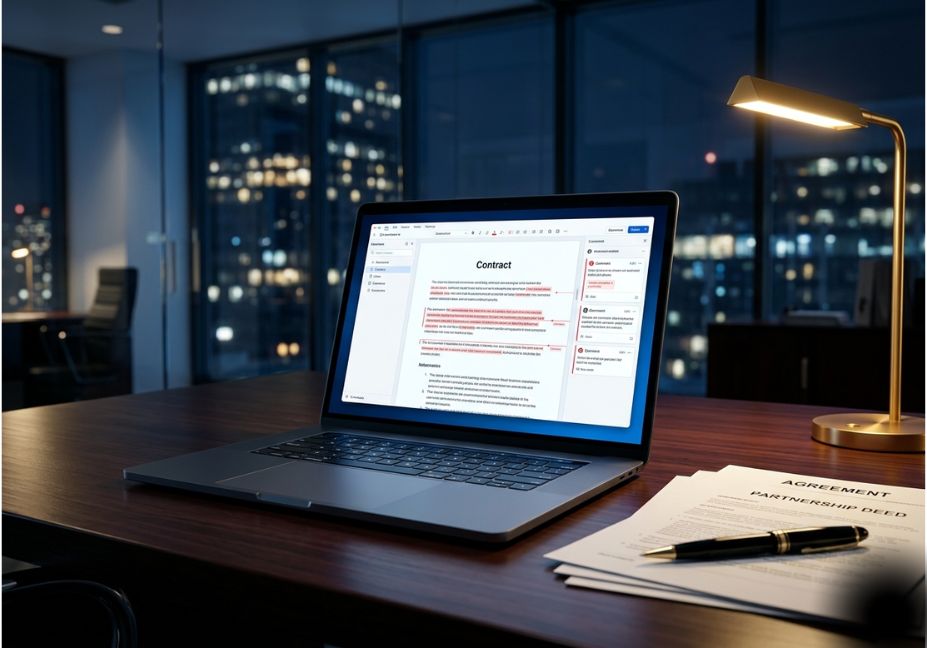 Laptop showing AI contract review software on an office desk at night.