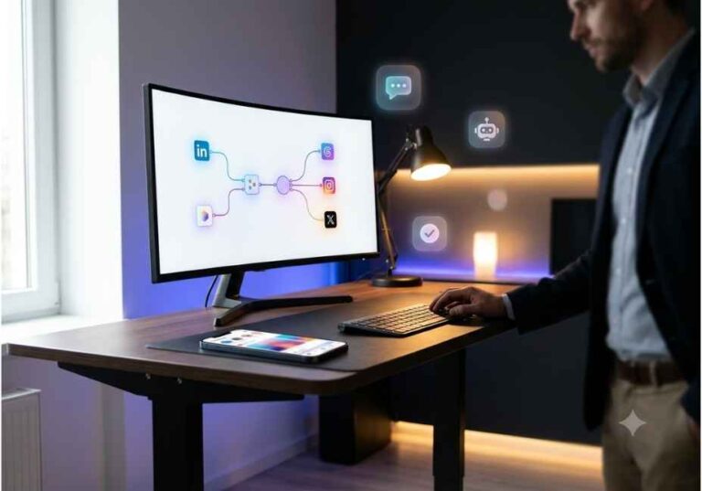 Professional standing at desk viewing n8n social media automation workflow diagram with LinkedIn, Instagram, X icons on monitor