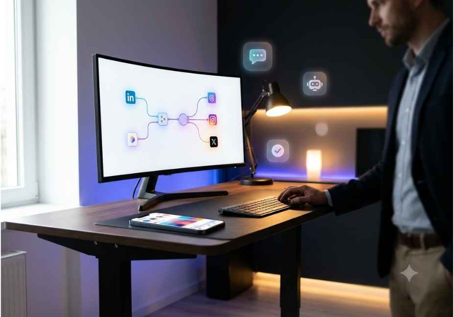 Professional standing at desk viewing n8n social media automation workflow diagram with LinkedIn, Instagram, X icons on monitor