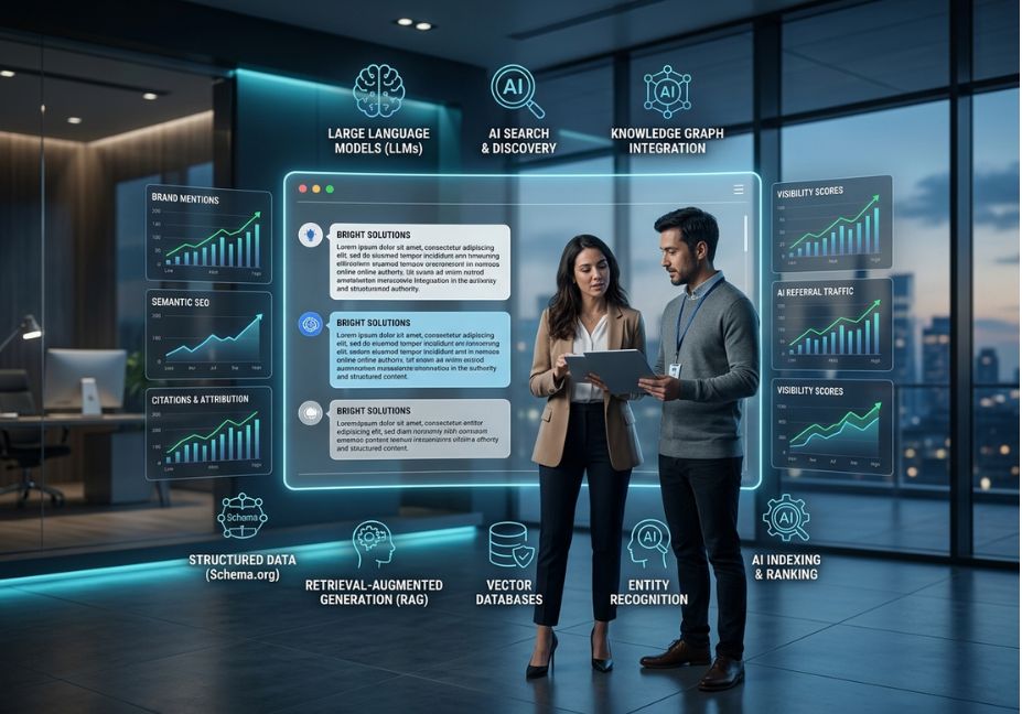 AI-powered dashboard showing tools and analytics for improving brand visibility in AI-generated answers.