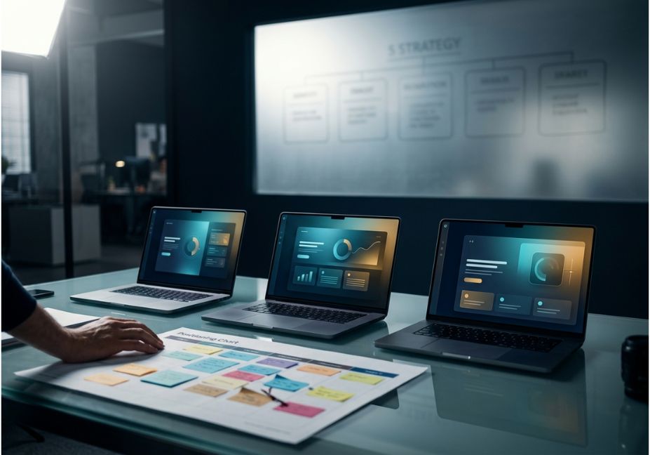 Business professional analyzing AI academic tools positioning strategy on three laptop screens with competitor data charts.
