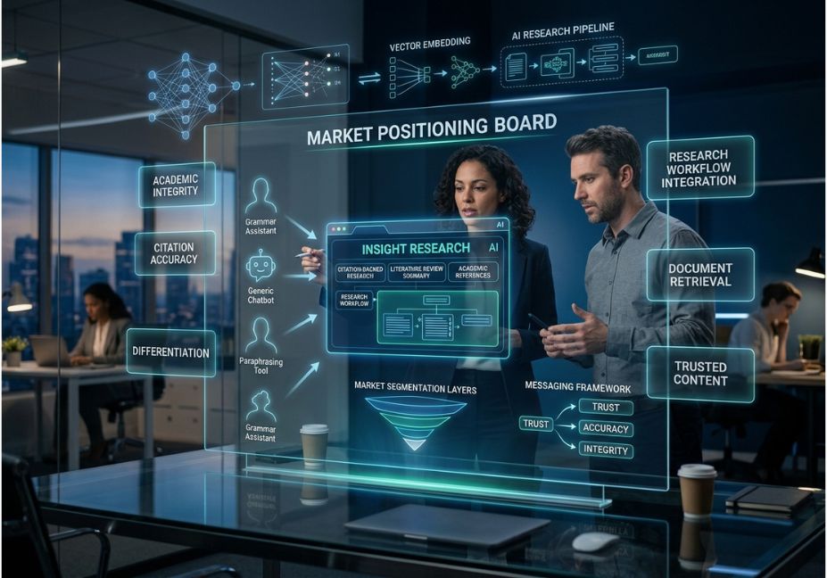 AI academic writing tool competitor positioning strategy dashboard with research workflow visualization