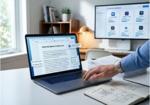 Researcher using AI academic writing tools for drafting, citation management, and plagiarism checking on a laptop.