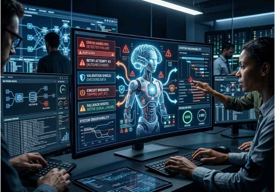 AI agent error handling dashboard with tool failures and observability alerts