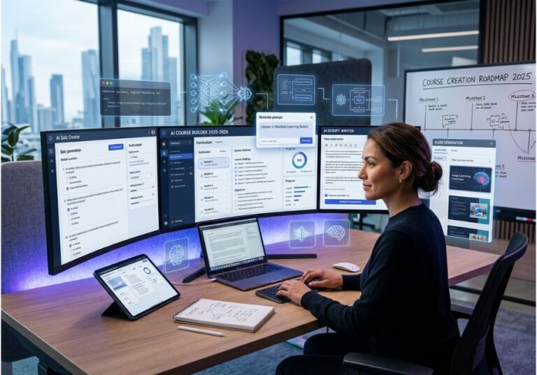 Instructional designer using multiple AI course creator tools to build lessons, quizzes, and slides on a multi-screen workstation.