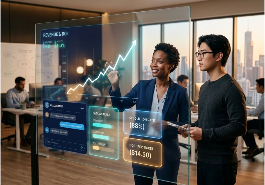 B2B team reviewing AI customer support ROI dashboard showing resolution rate, cost per ticket, and revenue growth.
