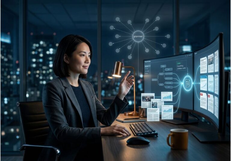 Analyst reviewing an AI deep research agent dashboard with planner and source nodes on dual monitors at night.