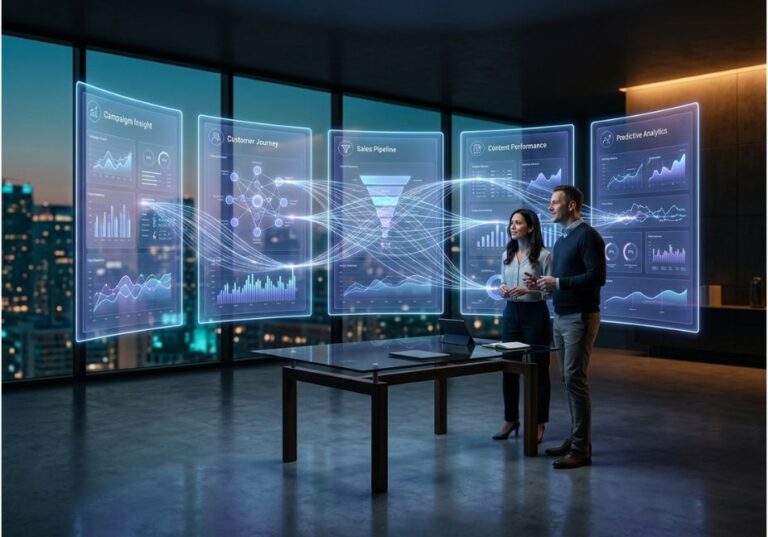 Marketing team reviewing AI-powered sales and marketing dashboards on holographic screens.