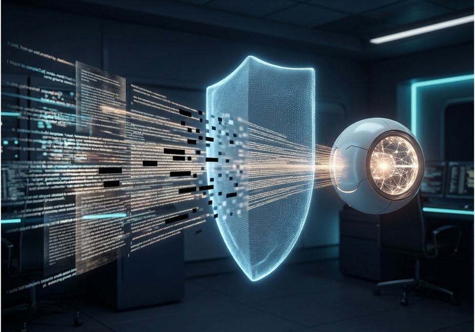 Digital shield blocking sensitive data from entering an AI model, representing LLM prompt masking.