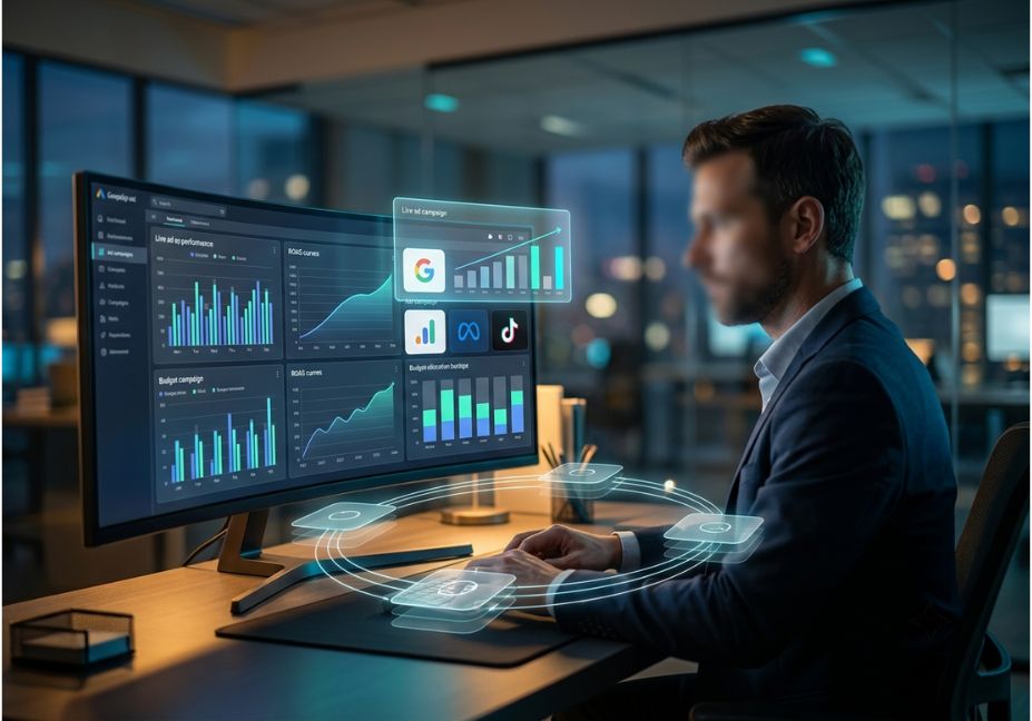 Marketing strategist monitoring AI-powered ad campaign dashboard with real-time ROAS charts and budget allocation data across Google, Meta, and TikTok.