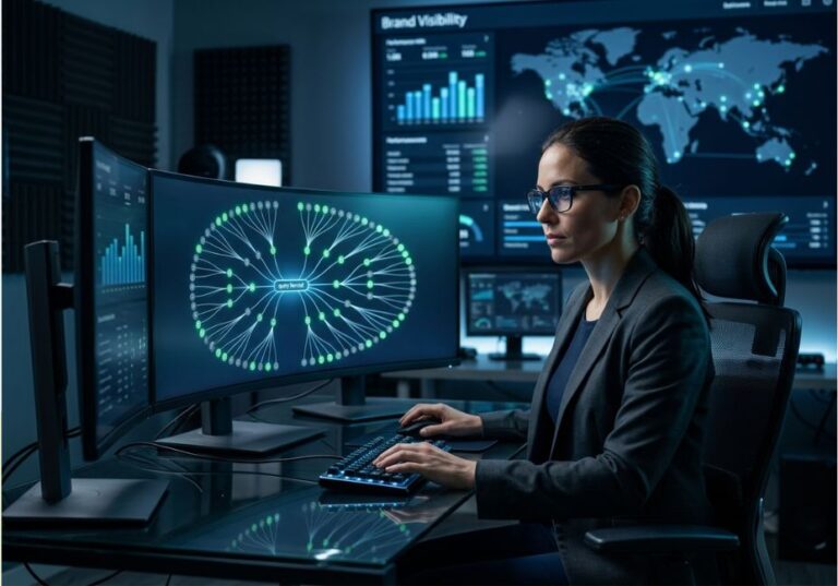 Data analyst reviewing AI Mode query fan-out visualization on dashboard screens.