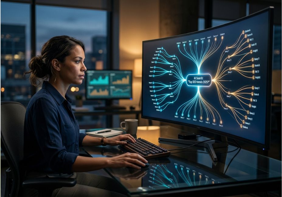 Analyst viewing AI Mode query fan-out and citation map on curved monitor.