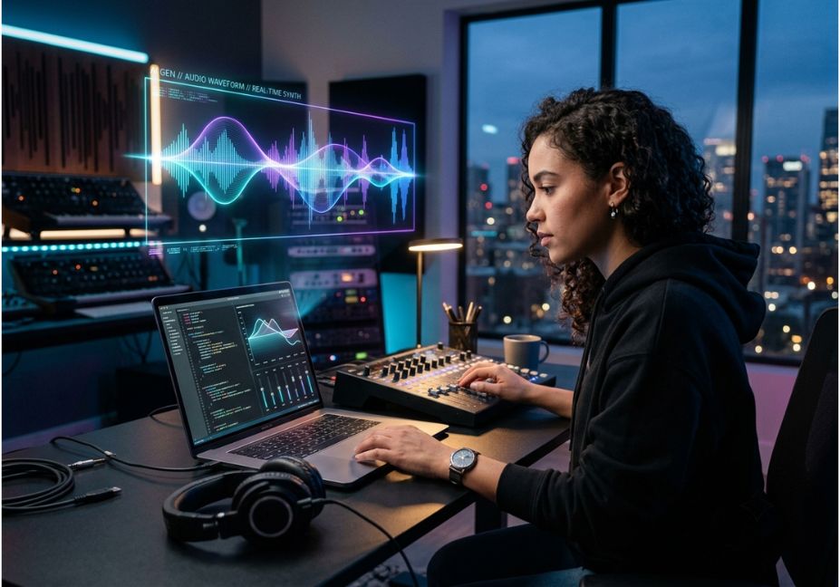 Music producer using AI audio waveform generation tools in a studio setup