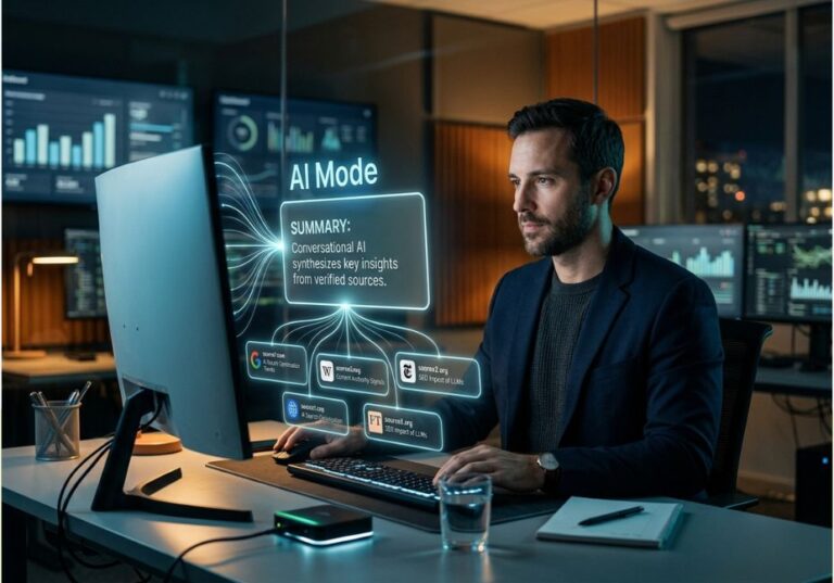 Analyst reviewing AI Mode summary and source citations on desktop screen.