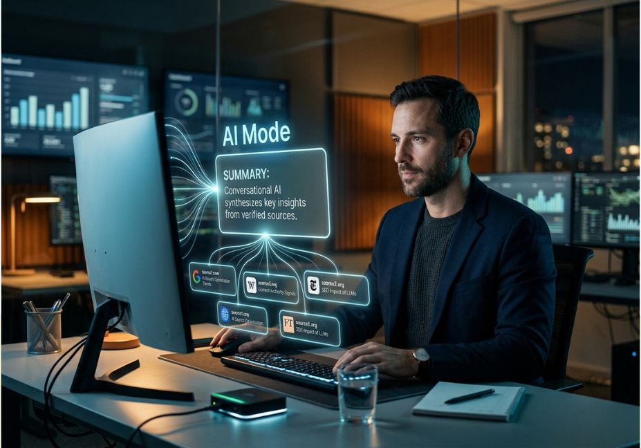 Analyst reviewing AI Mode summary and source citations on desktop screen.