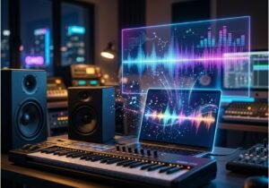 Music producer working with AI-generated soundwaves in a studio setup.