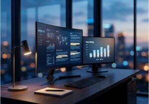 Modern dual-monitor workspace displaying AI Overview tracking dashboard and cost analytics at dusk