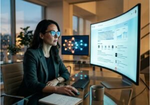 Analyst reviewing an AI Overview brand mention on a curved monitor with a data trend chart