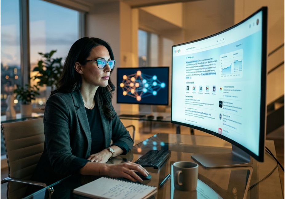 Analyst reviewing an AI Overview brand mention on a curved monitor with a data trend chart