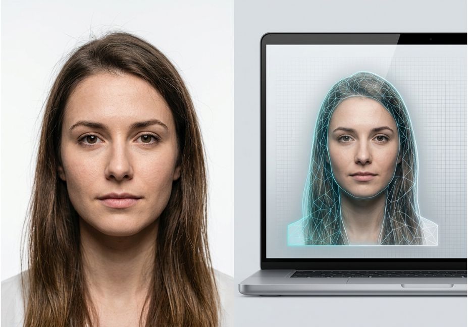 Split image of a passport photo beside an AI facial segmentation scan on a laptop screen
