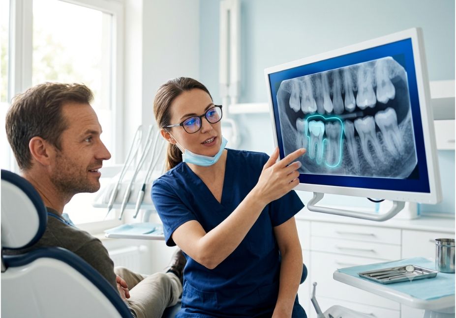 Dentist showing patient AI-enhanced dental X-ray with highlighted tooth findings on screen.