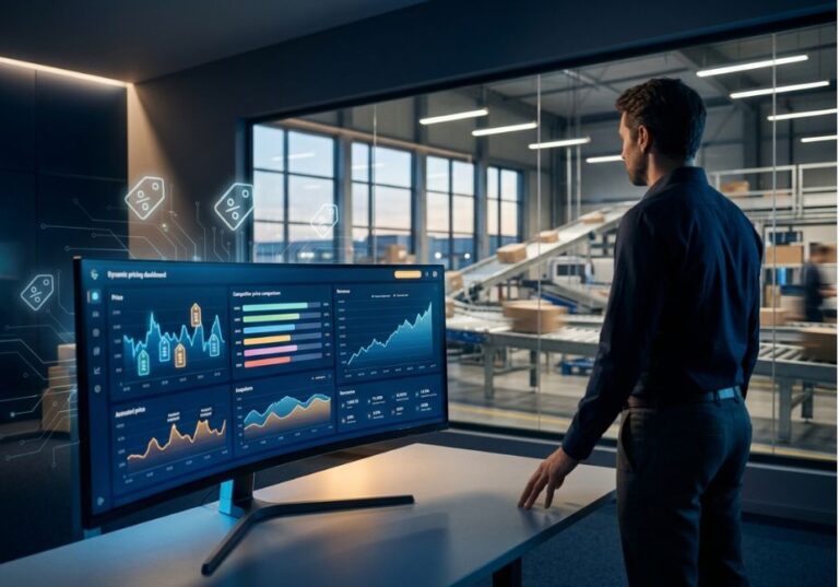 Warehouse manager reviewing AI dynamic pricing dashboard with real-time competitor price comparison and revenue charts.