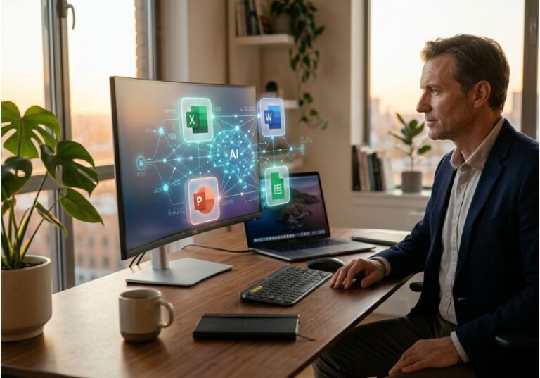 Professional using AI productivity tools with Excel, Word, PowerPoint icons connected via AI network on monitor.