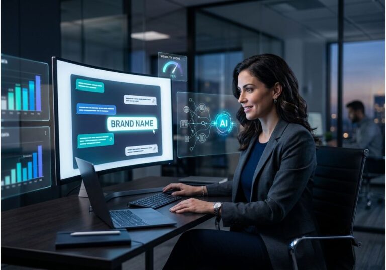 Marketer monitoring brand name visibility and AI mention score across ChatGPT-style dashboard screens.