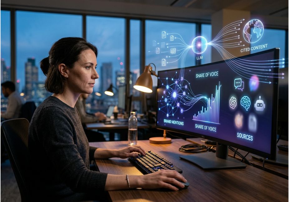 Analyst monitoring brand mentions and share-of-voice data across AI search engines on a large display