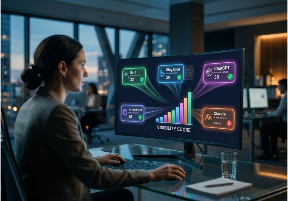 Analyst reviewing brand visibility scores across ChatGPT, Bard, Bing Chat, and Claude on a dashboard screen.