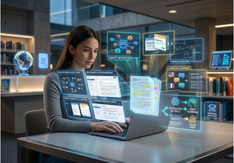Student using AI study tools for research, note-taking, and exam preparation on a laptop.