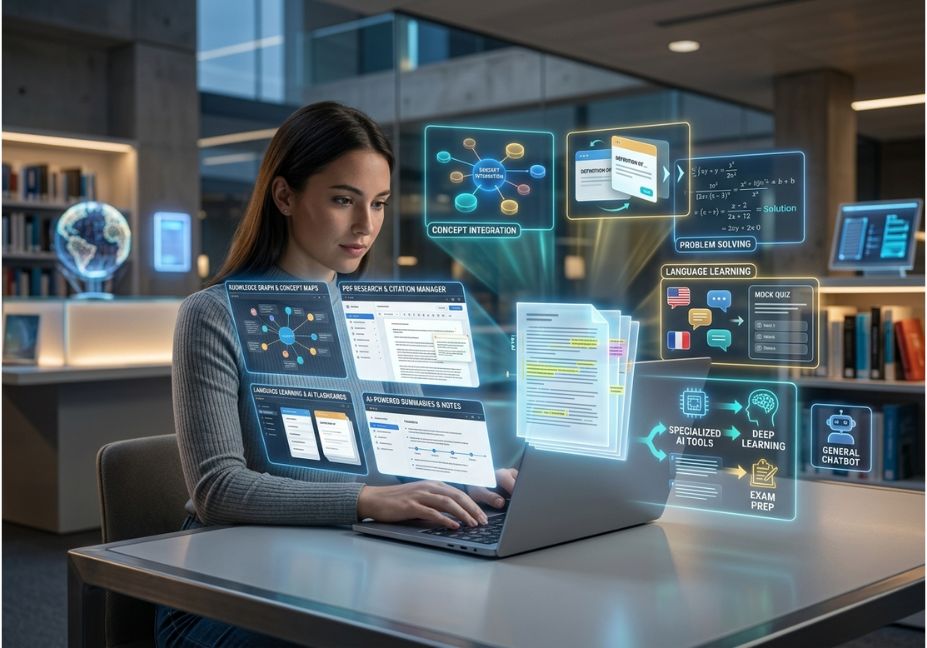 Student using AI study tools for research, note-taking, and exam preparation on a laptop.