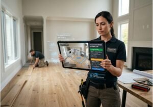 Flooring technician using AI-powered tablet dashboard showing room measurements and lead scoring priorities.