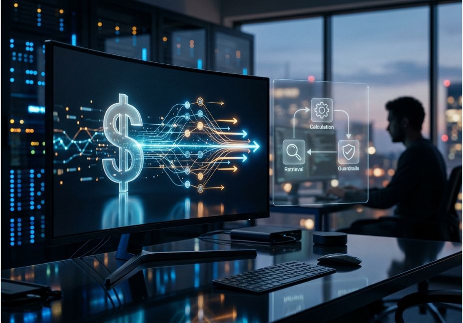 AI pricing algorithm dashboard showing real-time data flowing into a dollar sign with retrieval, calculation, and guardrail agent icons.