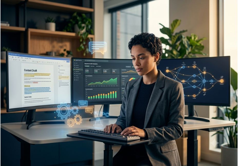 Marketer using AI tools on multiple monitors for affiliate content and campaign performance tracking.