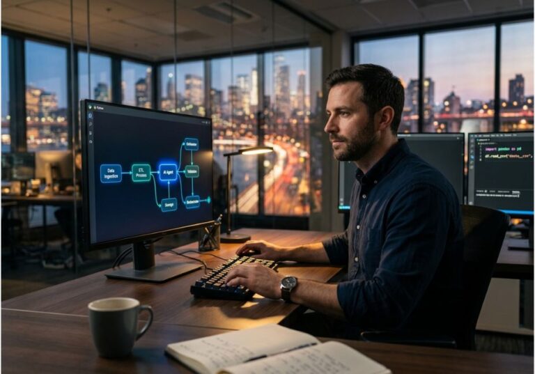 Data engineer building an AI-automated Python data pipeline workflow on office computer screen.