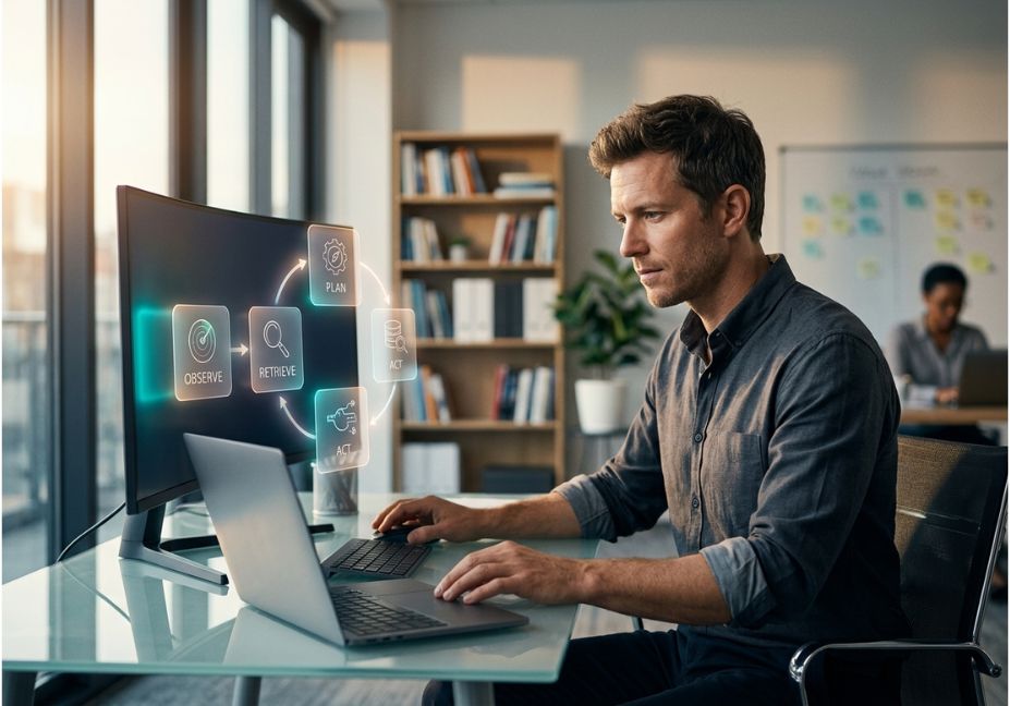 Product manager using an AI agent tool with a plan, retrieve, act workflow displayed on a monitor.
