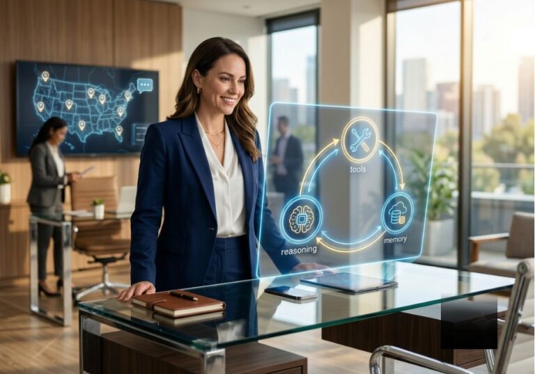 Real estate agent using AI agentic tool showing reasoning, tools, and memory cycle on office desk display.