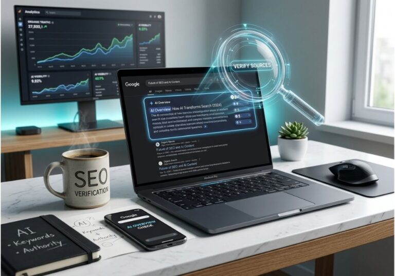 AI Overview checker dashboard on laptop with holographic magnifying glass verifying search sources.