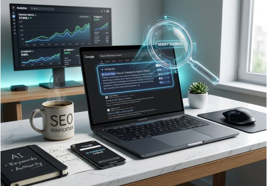 AI Overview checker dashboard on laptop with holographic magnifying glass verifying search sources.