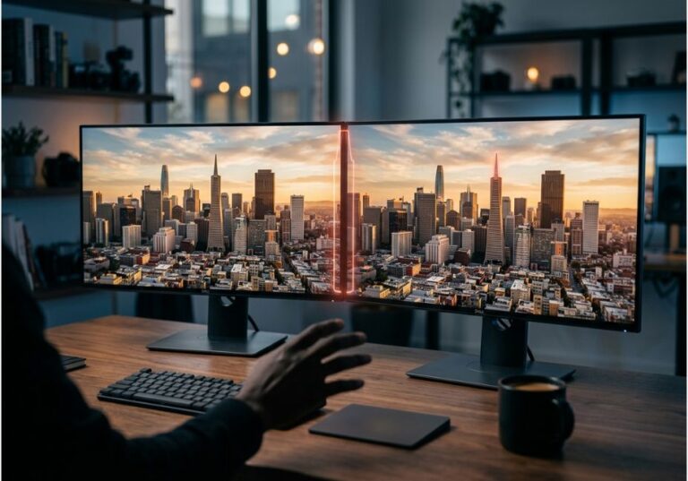 Two monitors displaying near-identical city skyline photos with an AI-highlighted difference between them