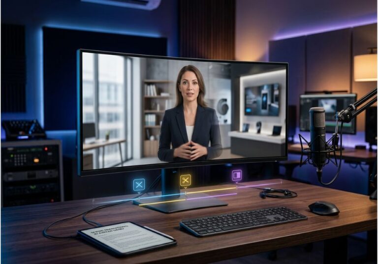 AI avatar tool generating a talking-head video with custom scene transitions on a studio monitor.