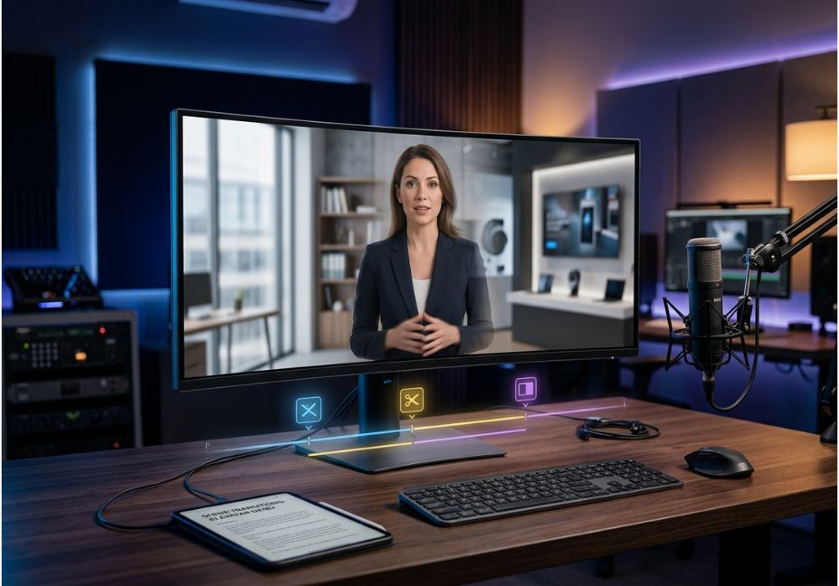 AI avatar tool generating a talking-head video with custom scene transitions on a studio monitor.