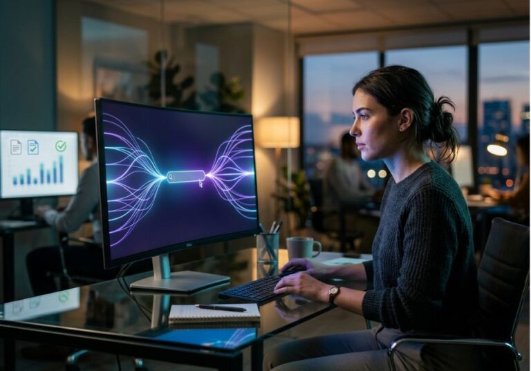 Marketer analyzing Google AI Mode search visibility on a monitor with query and results data