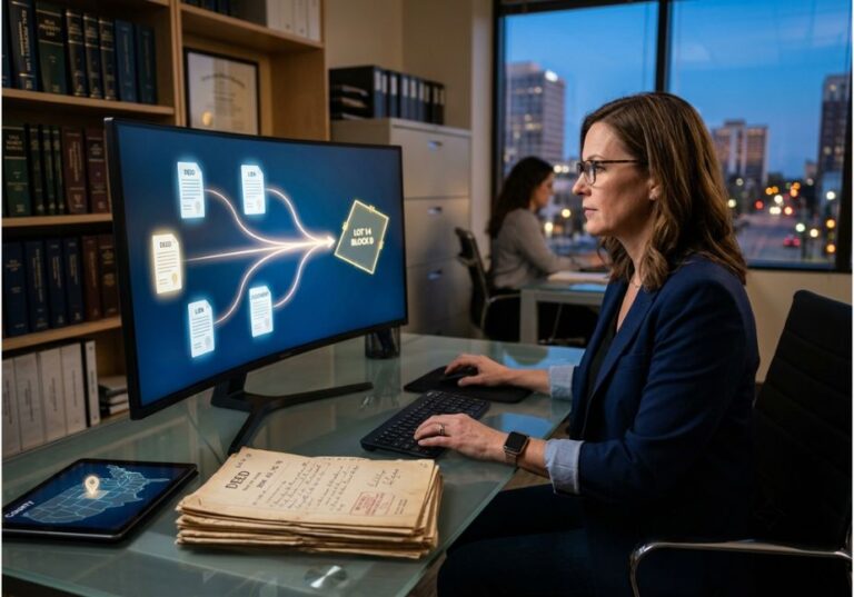 Title examiner reviewing an AI title search tool that links deed, lien, and parcel records on a monitor.