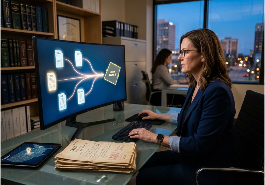 Title examiner reviewing an AI title search tool that links deed, lien, and parcel records on a monitor.