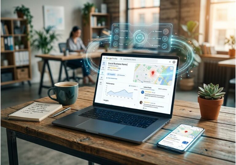 AI tools for Google Business Profile optimization 2025 — laptop showing GBP dashboard with AI agent interface managing categories, reviews, and posts.